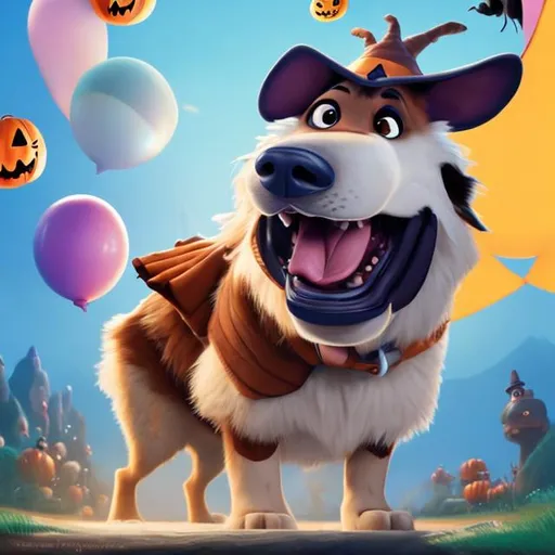 Prompt: A Disney-inspired Pixar move poster titled ZIGADOON featuring a large brown and white Great Pyrenees dog with a long nose standing on his hind legs with his tongue out and holding a trick-or-treat bag. The scene should be in the distinct digital art style of Pixar using bold colors and detailed textures. 