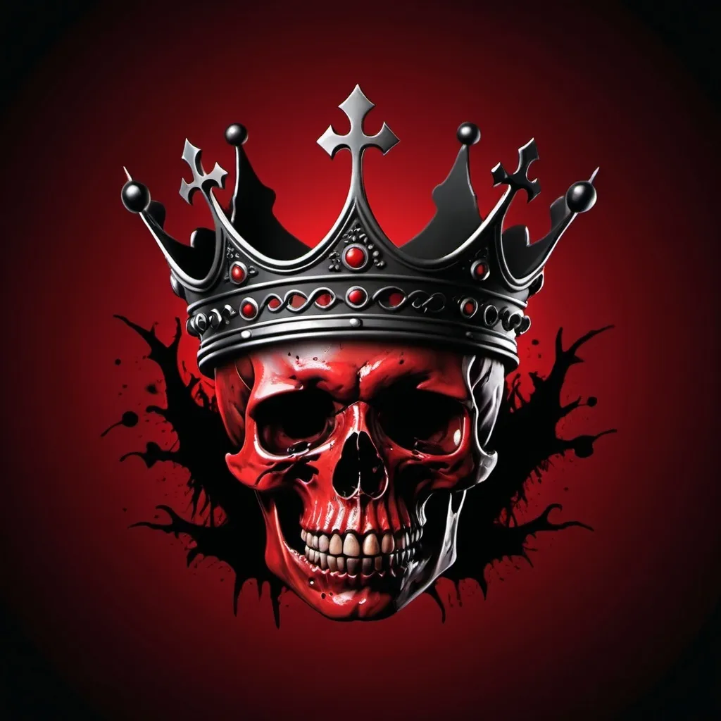 Prompt: Dark red background, horror scene, black crown with music notes