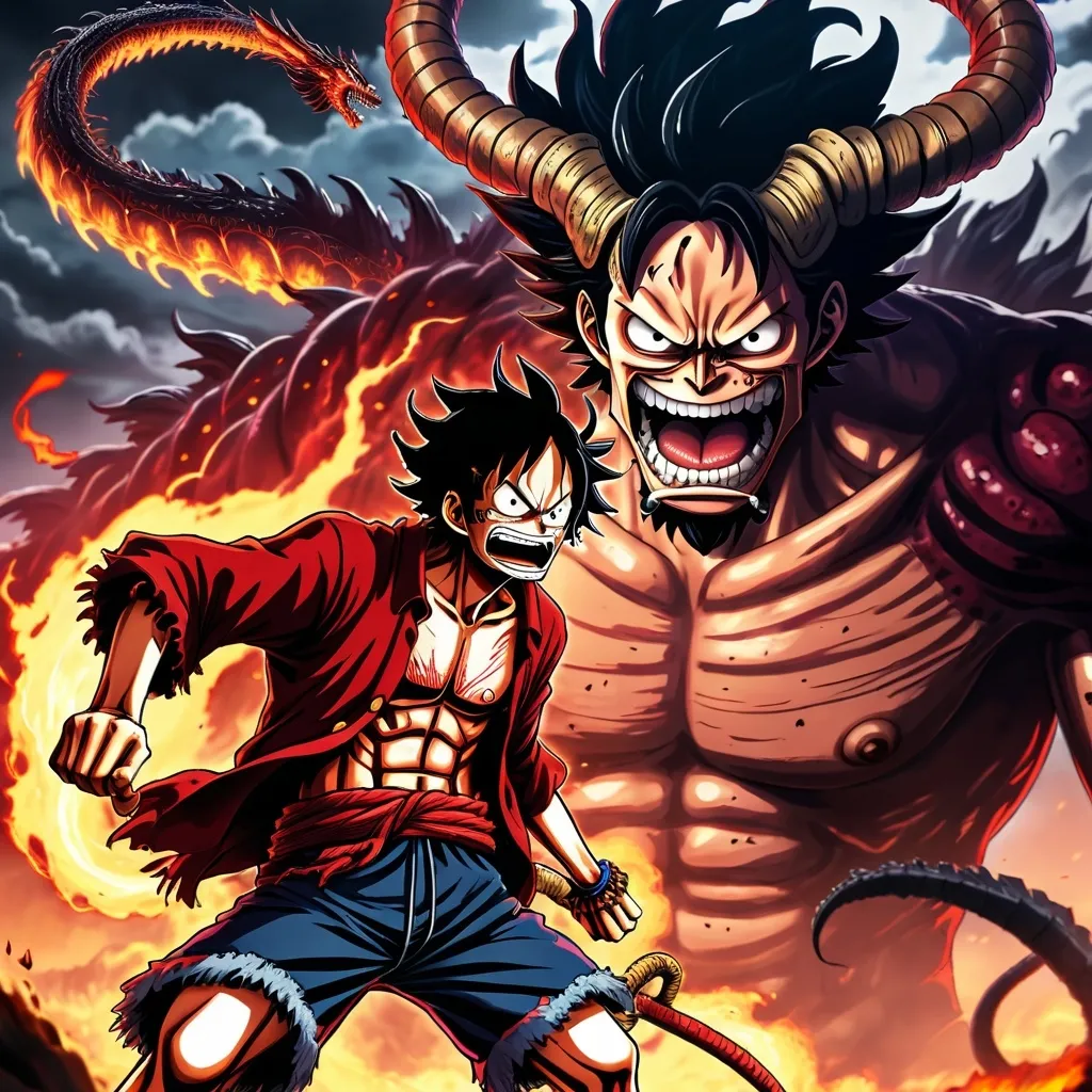 Prompt: 2d dark j horror anime style, luffy vs kaido dragon with horrible face and horn, anime scene