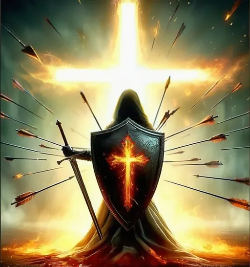 Prompt: Amidst a dramatic explosion of light and color, a cloaked figure stands resolutely, facing a radiant cross that glows bright against a backdrop of swirling flames and arrows. The figure, shrouded in shadows, holds a sturdy shield emblazoned with a luminous cross, symbolizing resilience and faith amidst chaos. Arrows seem to rain down around them, yet the stance conveys strength and determination, creating a captivating tension between vulnerability and defiance. The overall atmosphere is charged with a fiery intensity, enhancing the themes of struggle and protection within a mystical, battle-like setting. Rich in dark hues contrasted by brilliant golds and reds, this image evokes a powerful narrative of courage against adversity.