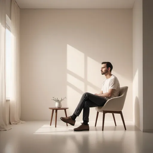 Prompt: A man sitting on a chair in an offwhite roomA man sitting on a chair in an offwhite room