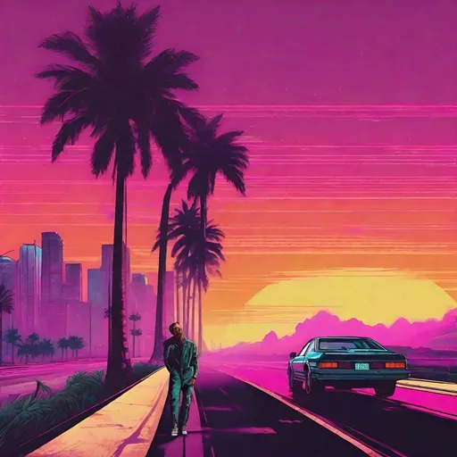 Prompt: retro 80s art, man standing in front of highway with palm trees on the side of the road, retro art, synthwave, city view in the background, highly detailed