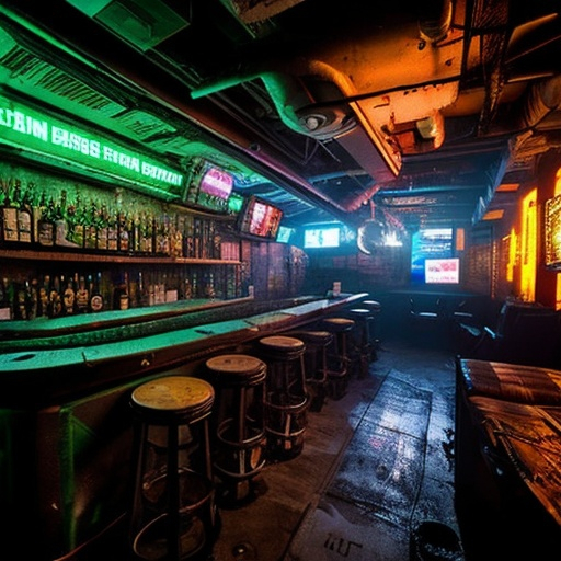 Prompt: rundown cyberpunk bar made of recycled material