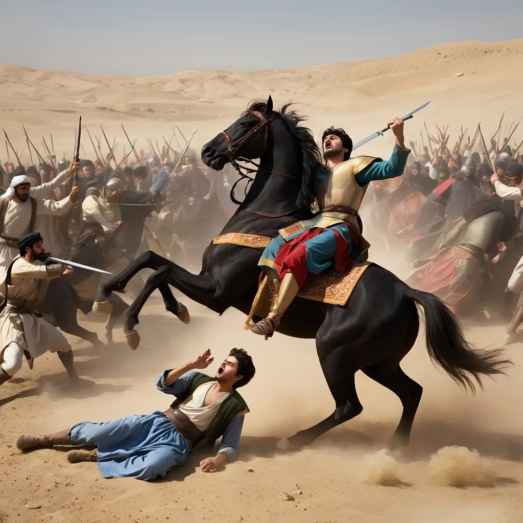 Prompt: Capture the moment Sohrab is killed by Rostam on the battlefield