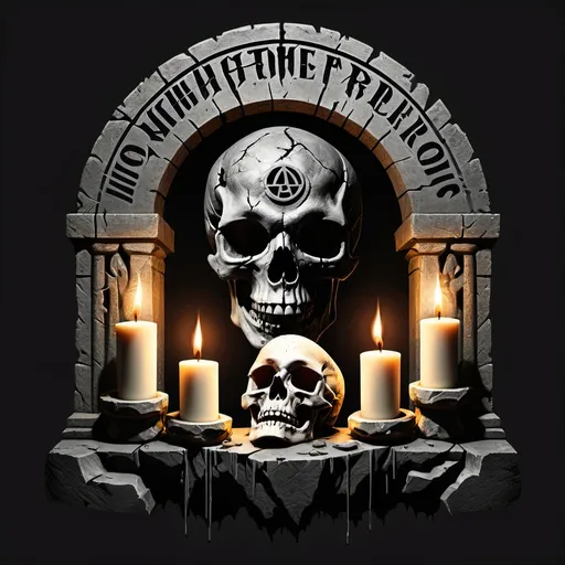 Prompt: A dark and atmospheric logo design for a doom metal record label, featuring a detailed skull placed atop a weathered stone altar. The altar is rugged, ancient, and cracked, with glowing runes faintly etched into its surface. Surrounding the altar are several melting candles, their flames flickering and casting eerie shadows. The name 'Witchstone Records' is carved into the front edge of the altar in a gothic font, illuminated by the candlelight. The background is shrouded in a swirling mist with a dim, ominous glow, giving the scene a mystical and occult aesthetic. The color palette includes dark grays, blacks, and muted golds, with subtle highlights of deep crimson from the candle wax.