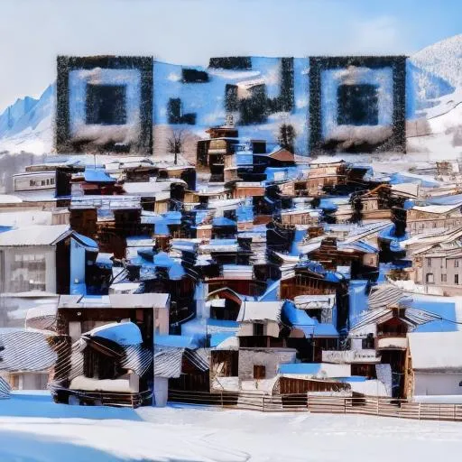 Prompt: a snowy village with mountains on the back