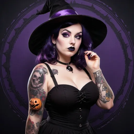 Prompt: Pin up girl goth curvy witch, tattooed and piercing, dark purple hair in a Halloween background whit a witch hat