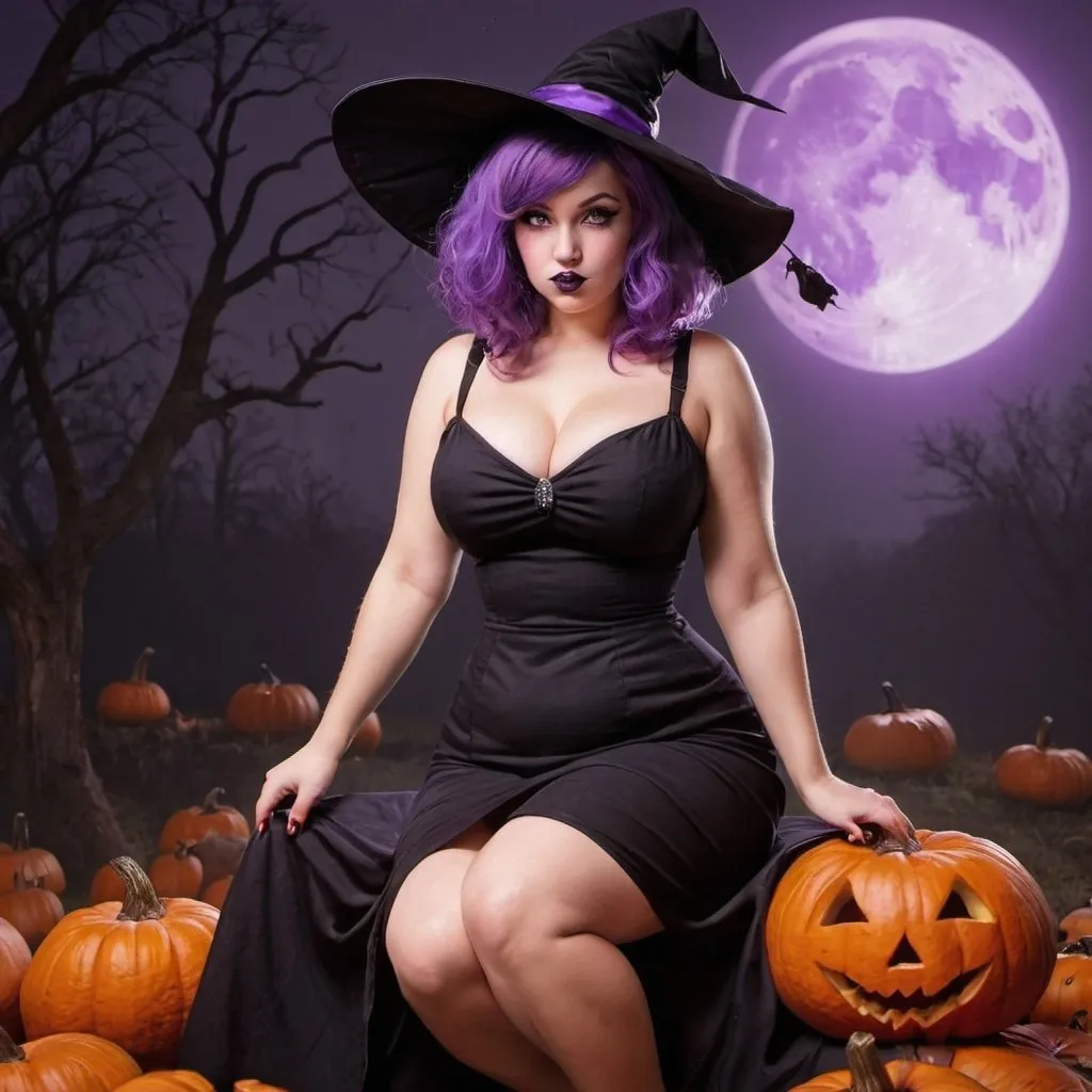 Prompt: witch, curvy, violet hair, pin up, full body, alone, pumpkin, black dress 