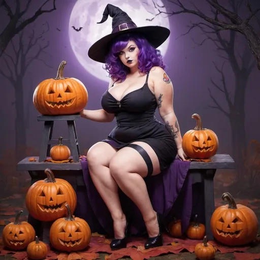 Prompt: witch, curvy, violet hair, pin up, full body, alone, pumpkin 