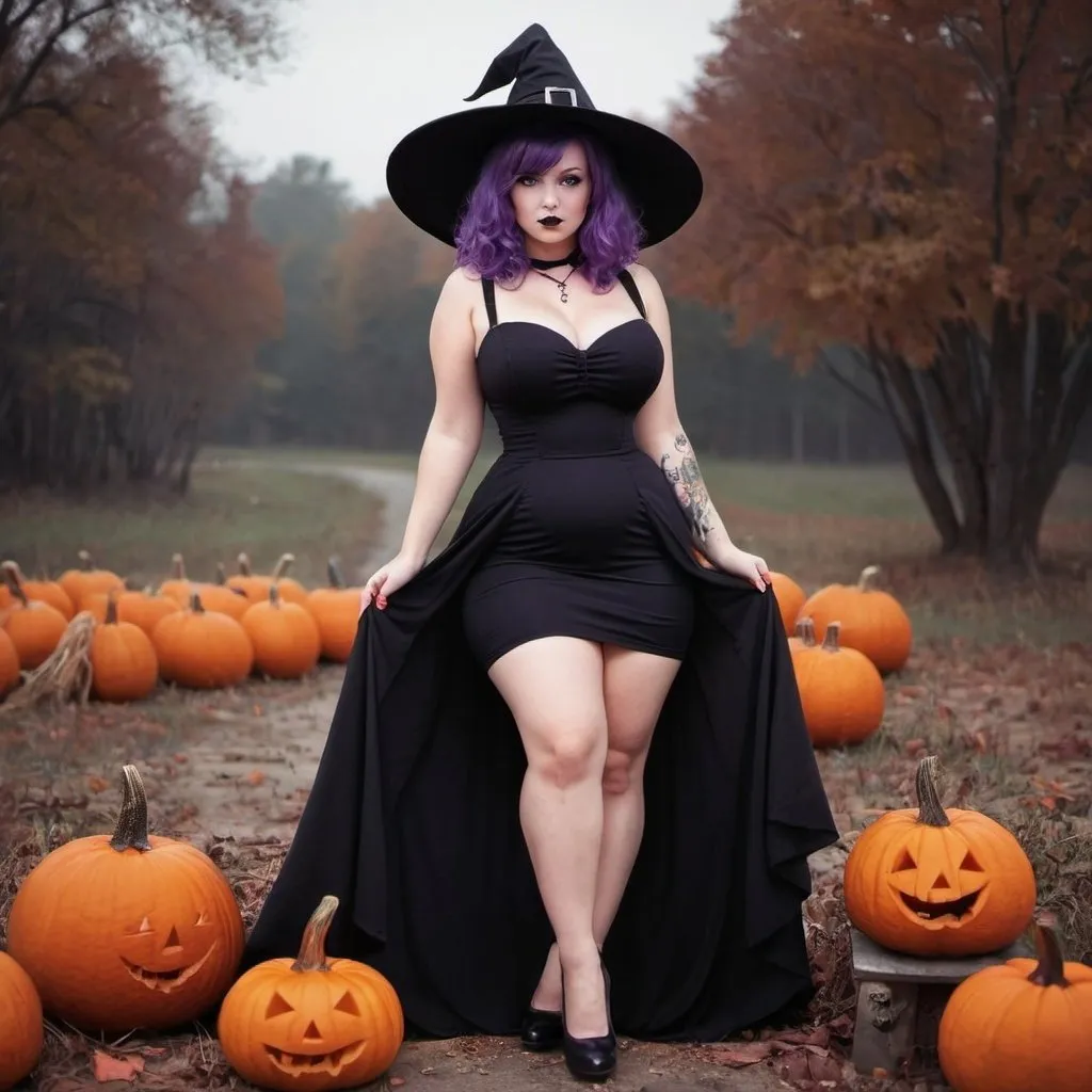 Prompt: witch, curvy, violet hair, pin up, full body, alone, pumpkin, black dress 