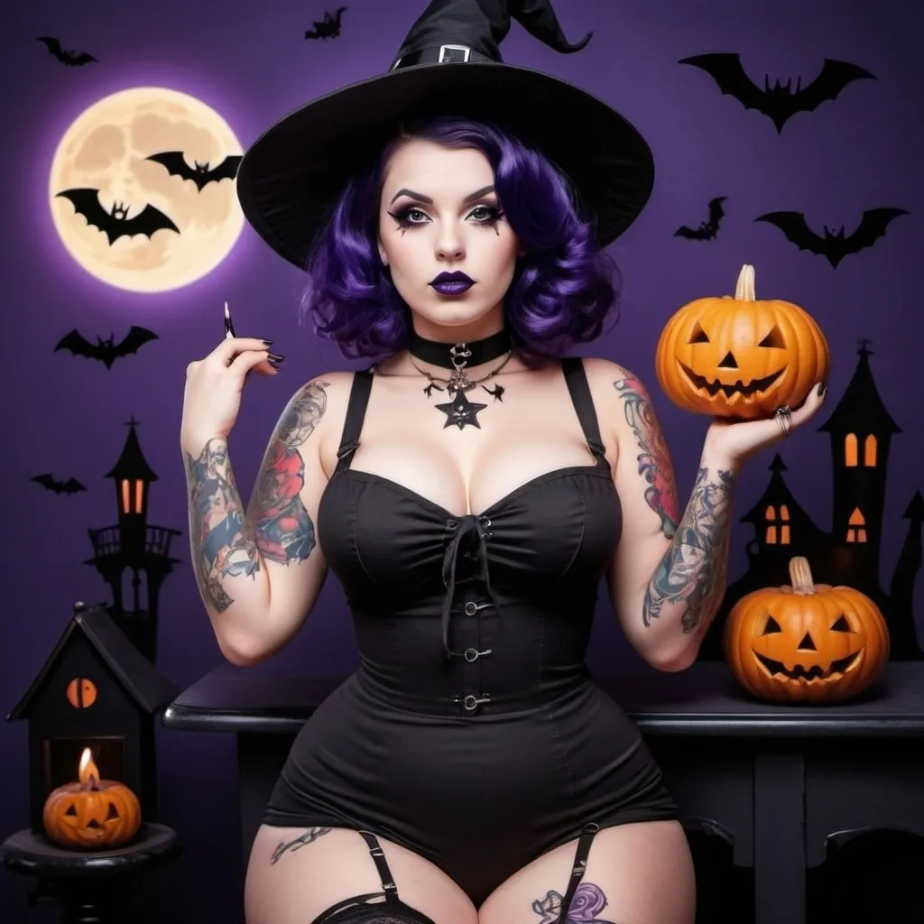 Prompt: Pin up girl goth curvy witch, tattooed and piercing, dark purple hair in a Halloween background 