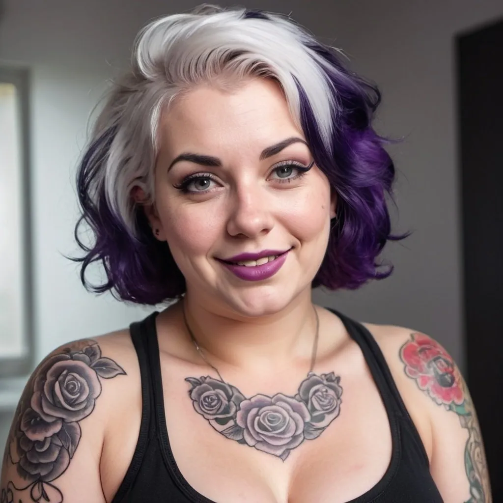 Prompt: Beautiful white woman, with a black sport clothes, chubby, pin up style, white dark purple hair, being happy in a sad background, whit tatoos 