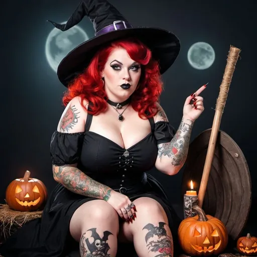 Prompt: A woman witch, sitting in his broom, with red hair, thick, curvy, in Halloween, pin up style, tattooed and pierced goth, with beautiful nails 