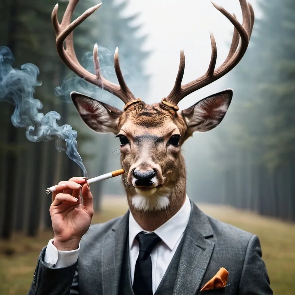 Prompt: Deer dressed in m smoking a cigarette 