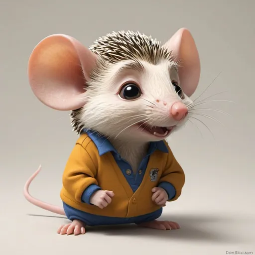 Prompt: Draw a picture of a "Sleepsie" - a small mouse-like creature that crawls onto the shoulders of people trying to go to sleep and whispering sleeping spells in their ear. They kind of look like a cross between a mouse and a hedgehog. They are friendly and cute, and they wear polo shirts and khaki pants. In this picture, we should see at least one whispering in the ear of someone - and make sure we see the ear! It should be cartoon-like - like a movie directed by Don Bluth - and colorful.