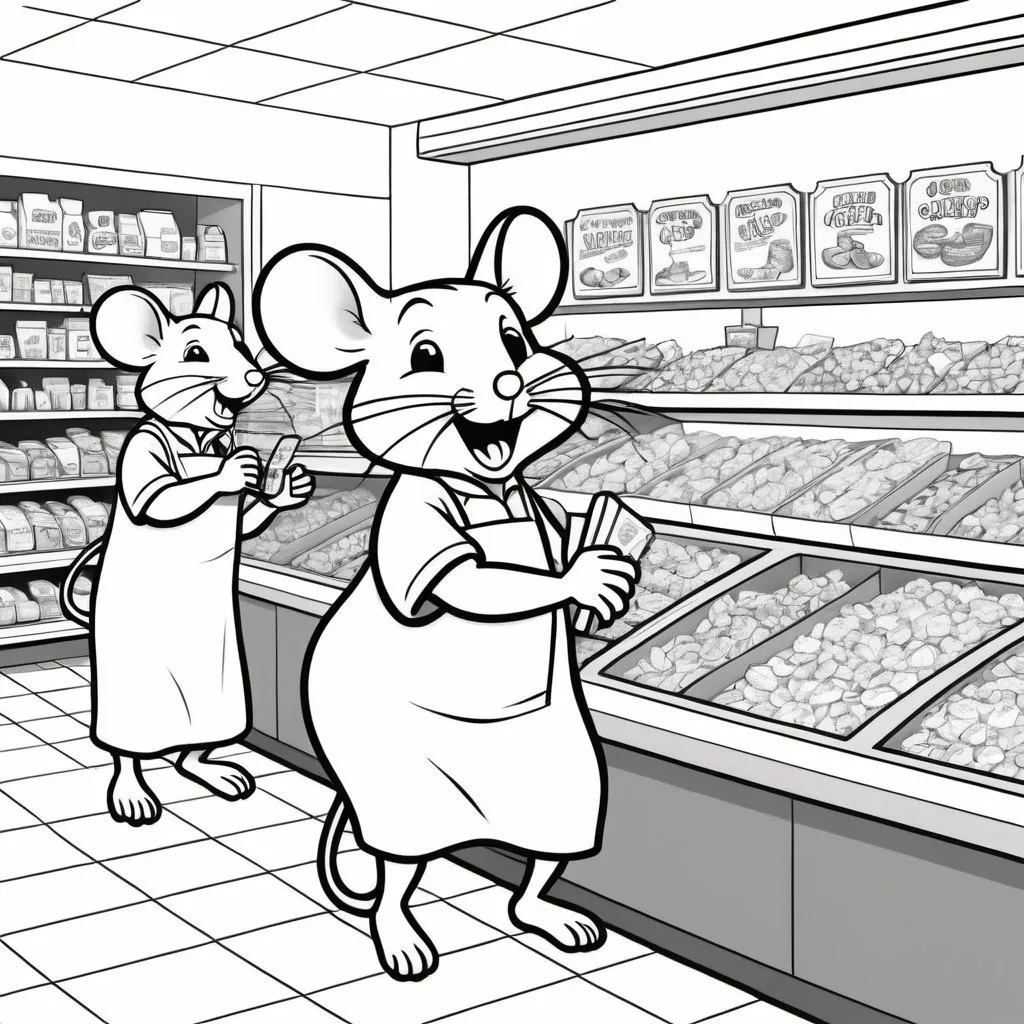 Prompt: Create a black and white scene, perfect to use in a coloring book, of a grocery store run by anthropomorphic mice. The other customers can be different animals, but all the employees must be mice. The entire scene must be cartoon-like and cute. It should be busy in the store, and we should at least get a glimpse of the cash register counters. Please make sure that these images would work well as part of a coloring book.