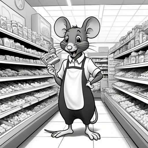 Prompt: Create a black and white scene, perfect to use in a coloring book, of a grocery store run by anthropomorphic mice. The other customers can be different animals, but all the employees must be mice. The entire scene must be cartoon-like and cute. 