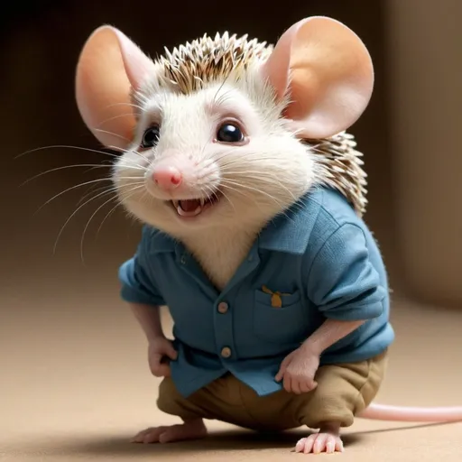 Prompt: Draw a picture of a "Sleepsie" - a small mouse-like creature that crawls onto the shoulders of people trying to go to sleep and whispering sleeping spells in their ear. They kind of look like a cross between a mouse and a hedgehog. They are friendly and cute, and they wear polo shirts and khaki pants. In this picture, we should see at least one whispering in the ear of someone. It should be cartoon-like - like a movie directed by Don Bluth - and colorful.