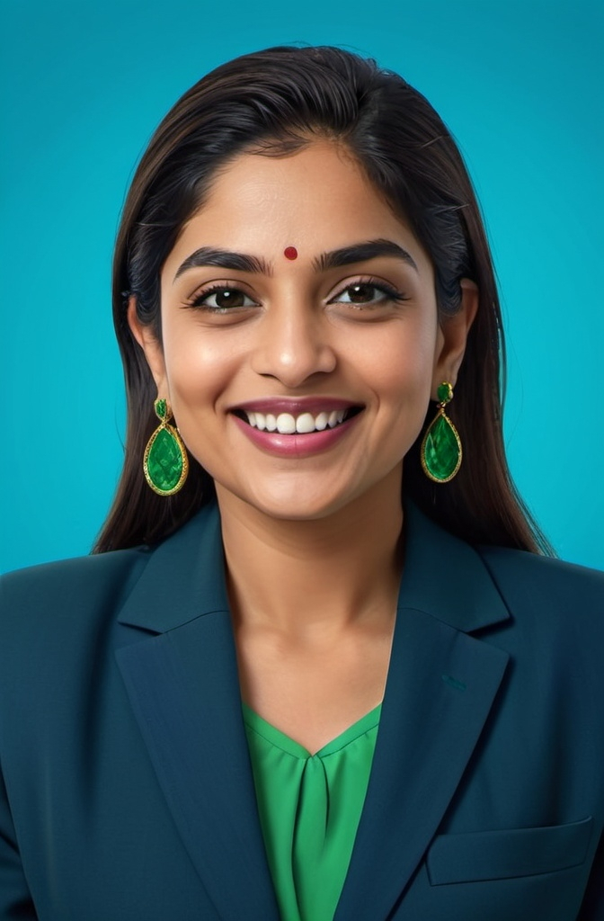 Prompt: a woman in a blue suit and a green tie and earrings, with a blue background, is smiling, Ella Guru, samikshavad, jayison devadas, a photocopy