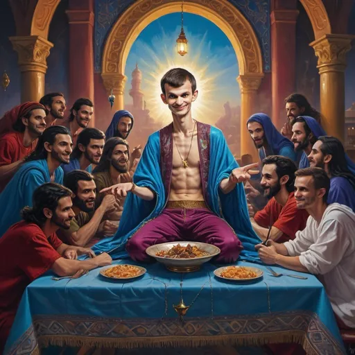 Prompt: Vitalik Buterin sitting on a flying rug like Aladdin, holding a big fork mimicking the Last Supper, oil painting, detailed facial features, vibrant colors, high quality, surrealism, detailed clothing, vibrant and surreal, atmospheric lighting, flying rug, last supper, oil painting, detailed facial features, vibrant colors, high quality, surrealism, vibrant and surreal, detailed clothing