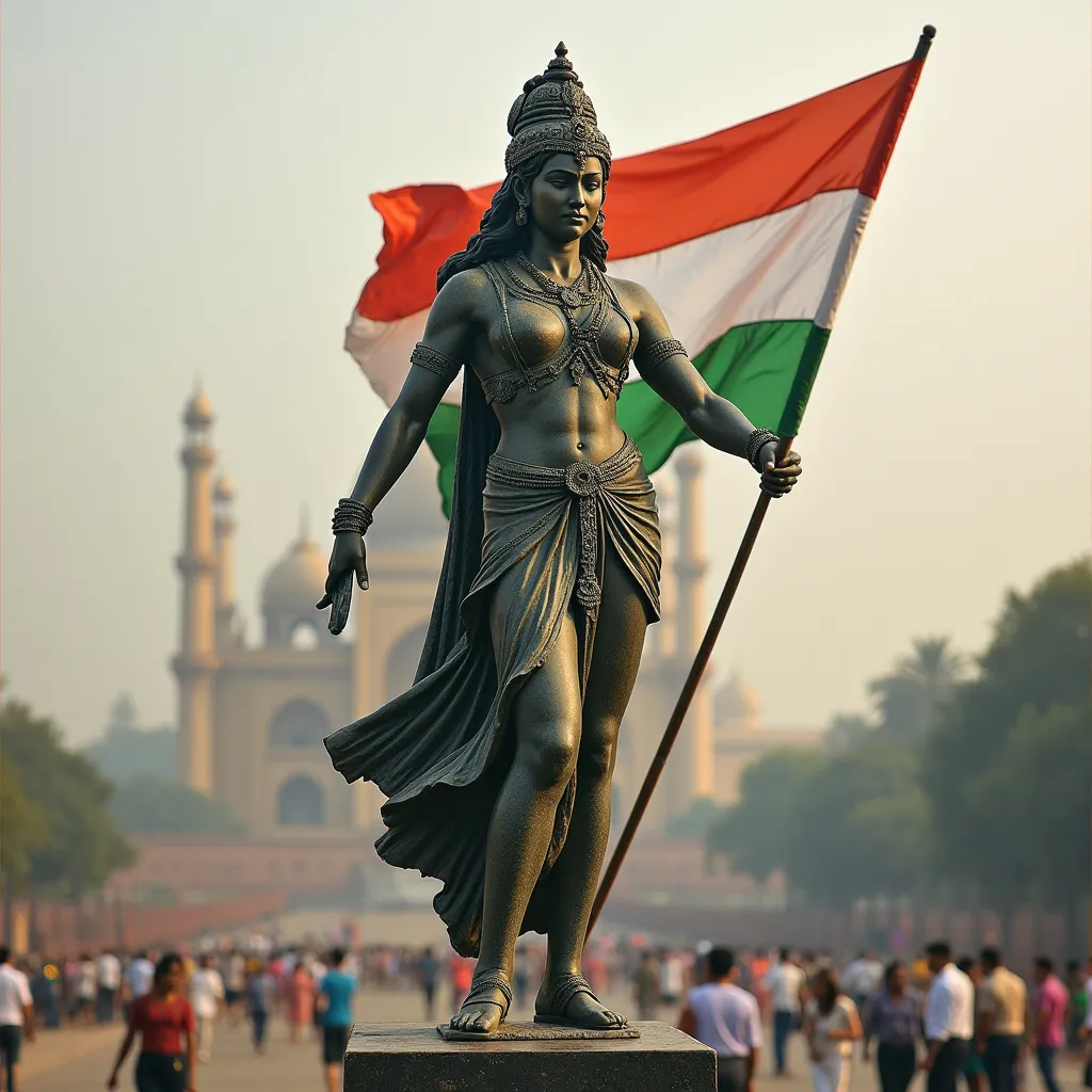 Prompt: Mallika sherawat statue with indian national flag