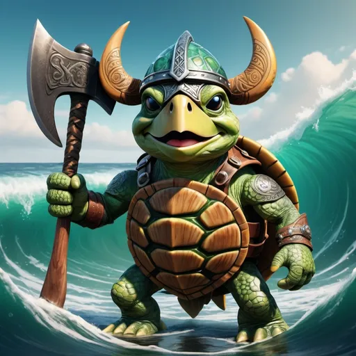 Prompt: (viking turtle), whimsical sea creature with a fierce expression, wearing a classic viking helmet, rich green shell adorned with Norse runes, holding an axe, surrounded by ocean waves, vibrant colors with dynamic sea reflections, adventurous atmosphere, playful and fun, high detail, 4K, ultra-detailed illustration capturing the spirit of Norse mythology and marine life.