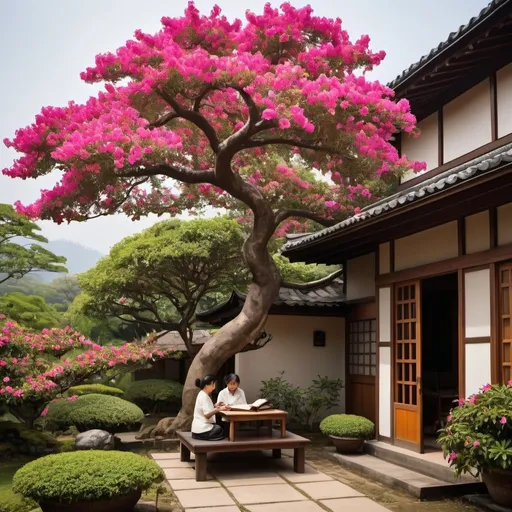 Prompt: Create an image of a house surrounding with forest. A Japanese style house. There will be a koi pond in front of the house. The house has a wide open veranda and large amount of garden. The entry gate has a large bougainvillea flower tree and in the garden there is beli, shiuli flower tree. A wife reading books and a husband enjoying tea in the veranda. 
