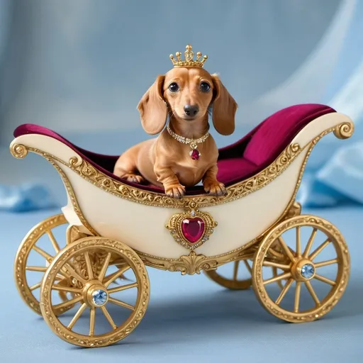 Prompt: Two enchanted cream EE long hair dachshund on a Cinderella coach with ruby stones. Add a necklace to the dam and a bow tie to the sir and a Tierra on the carriage 
