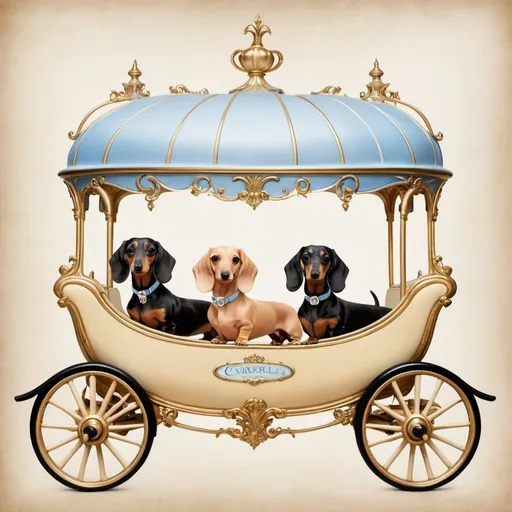 Prompt: An enchanted cream EE longhair dachshunds on Cinderella coach logo for Enchanted Doxies written In legible Fancy writing 