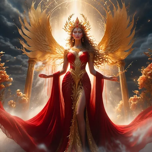 Prompt: photographic, etheral, mist, fantasy gilded goddess in long flowing billowing sheer red gown on sacrificial alter under golden moonlight, chaos, plume, billowy, mist, gold leaf florals, hyperrealistic