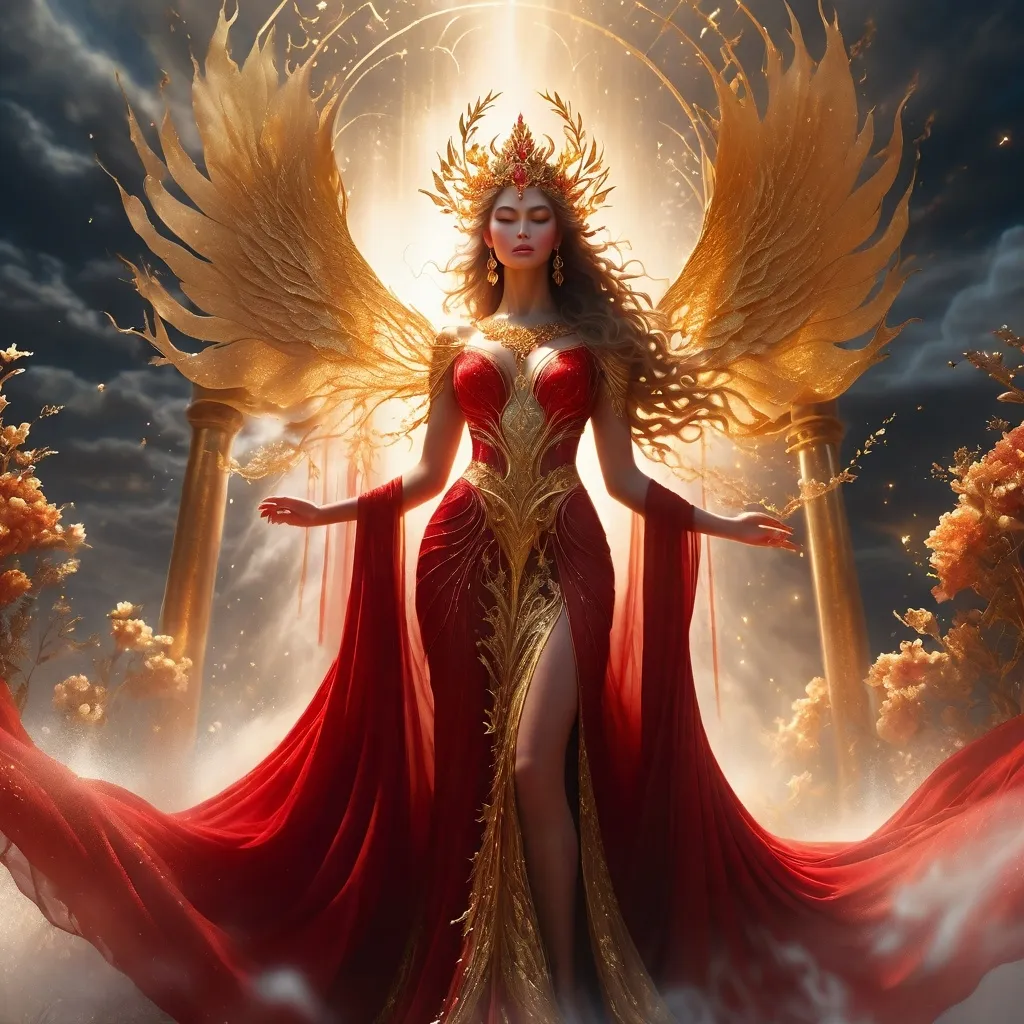 Prompt: photographic, etheral, mist, fantasy gilded goddess in long flowing billowing sheer red gown on sacrificial alter under golden moonlight, chaos, plume, billowy, mist, gold leaf florals, hyperrealistic