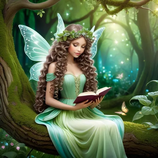 Prompt: Imagine a forest fairy, who is holding a book in her hands, is sitting on a branch of a tree, in a beautiful and magical enchanted garden, long curly hair, digital art style clipart, very detailed by mandy jungens, nadja baxter, anne stokes, nicoletta ceccoli, full colors.