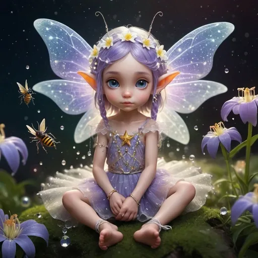 Prompt: colors of the universe, milky way, big and small star chariot, cosmic, fantasy world of the universe 82K, everything is as small as in the ant world, about 1 cm big flower elf, on the feet, lupine shoes, tied with a thread of spider webs, dew beads in the hair. sitting in the middle of a lily and feeding a little dragon with pollen, an elf with tiny wings, a fairy the size of a bee, a fantasy world, with a flower swallow hat on his head, little elf ears. All around a dewy glow, diamonds, pearls, a mist of lace.