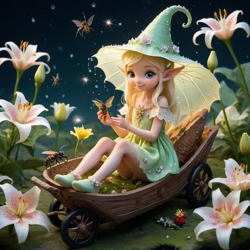 Prompt: universe colors, milky way, big and small star cart, cosmic, universe fantasy world 82K, everything is as small as in ant world, about 1 cm flower elf, very happy, smiling, on feet, slippers, tied with spider web thread, in hair dew beads, back, petal dresses, rose petal dresses, sitting in the middle of a lily and feeding a little dragon with pollen, an elf with tiny wings, a fairy the size of a bee, a fantasy world, with a flower warbler's hat on his head, little elf ears. All around a dewy glow, diamonds, pearls, a mist of lace.