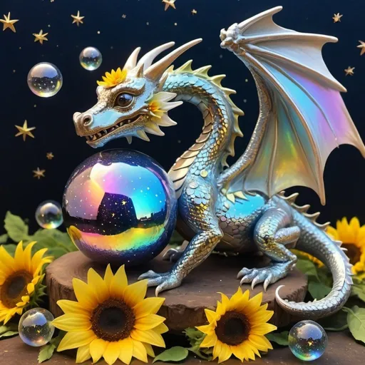 Prompt: Iridescent dragon with tiny frogs and sunflowers, pale starry night sky, rainbows and stars, magical angel orbs, high quality, fantasy, iridescent, dragon, tiny frogs, sunflowers, starry night, rainbows, stars, magical orbs, whimsical lighting, ethereal