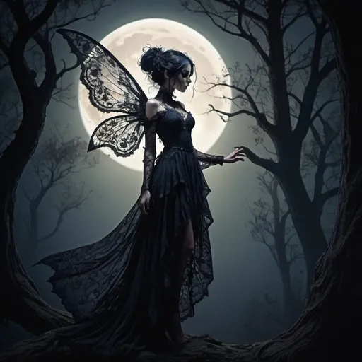 Prompt: Gothic fae female, silhouetted against a full moon, perched atop an ancient, twisted tree, wings delicate and gossamer, enveloped in a flowing dress of dark, intricate lace, midnight hues blending with the forest's shadowy embrace, eyes glowing with an ethereal light, surrounded by faint glimmers of otherworldly fireflies, chiaroscuro, digital painting, ultra fine details, moody atmospheric lighting, dramatic contrast.