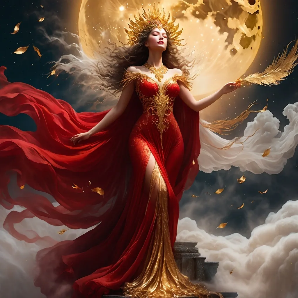 Prompt: photographic, etheral, mist, fantasy gilded goddess in long flowing billowing sheer red gown on sacrificial alter under golden moonlight, chaos, plume, billowy, mist, gold leaf florals, hyperrealistic