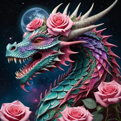 Prompt: Interstellar dragon with rose head, cosmic world, detailed thorns, allegorical and contemporary, highres, intricate, cosmic fantasy, detailed floral design, intergalactic, visionary, vibrant colors, surreal lighting, cosmic symbolism, intricate dragon scales, detailed celestial landscape, symbolic rose petals, interstellar, cosmic, allegorical imagery, contemporary symbolism, fantasy, vibrant colors, surreal lighting