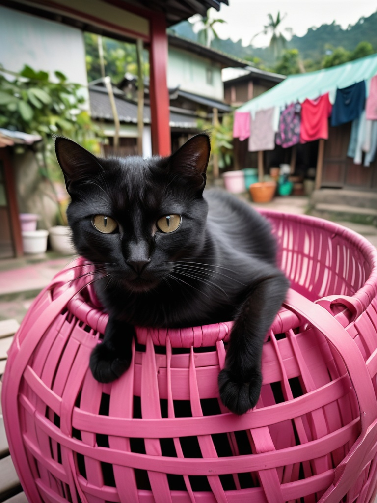 Prompt: a black cat laying on top of a pink basket on a table outside of a house with clothes hanging in the background, Bian Shoumin, sumatraism, ultra wide angle, a photocopy