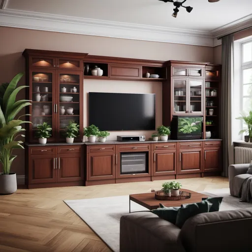 Prompt: Create an realistic image of a classic living room, with 98 inch TV on a stand with home plants on top. Let the floor be a wooden fore maker mahogany color. Next to it is a modern kitchen with a BESPOKE French Door Smart Refrigerator standing. Over it let be kitchen cupboards and a microwave well placed. Right next to it there’s a cooker and a dishwasher well placed between two drawers white in color. Close to it is a washer placed side by side next to a door, and a window in it's corner and a rug on the floor, Doug Ohlson, photorealism, finely detailed features. Ensure the celling and wall are gypsum white. keep aspect ratio image to 1.533