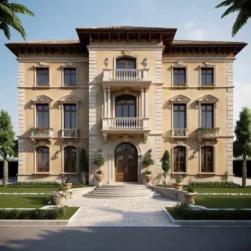 Prompt: Lavish Italian house front elevation of 20000 square feet house realistic looking 