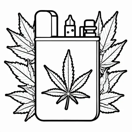 Prompt: Image of a cigarette case with roll-up, lighter, bong and marijuana leaves. Trippy stoner style drawing, linear simplistic to color, thick lines