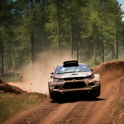Prompt: a rally car barrel rolling into dirt its foresty short trees its clear its afternoon the car has alot of damage alot of spectators and its zoomed in from the spectator view