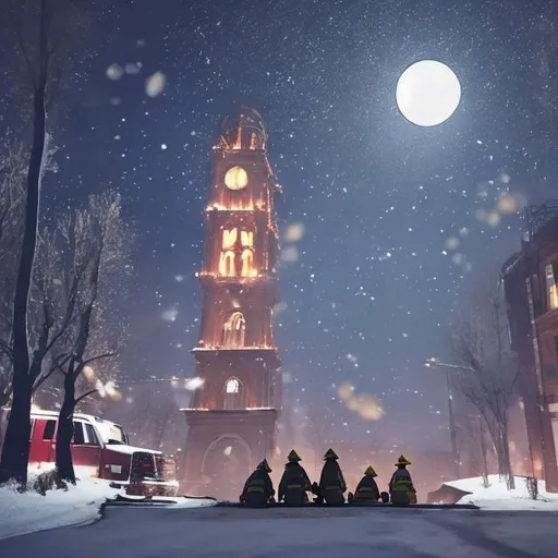 Prompt: 2 people sitting on a bench 2 towers collapsing firefighters running towards the towers 2 cars behind them 1 cat in theyre lap its snowing bright shiny moon and its night