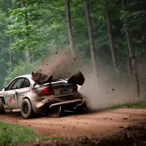 Prompt: a rally car its crashing and into the air hitting the ground hard barrel rolling into dirt its foresty short trees its clear its afternoon the car has alot of damage alot of spectators and its zoomed in from the spectator view