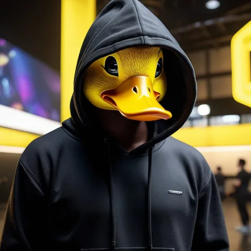 Prompt: Ultra realistic style, ultra high details, world class quality, close up man with a yellow duck head, wearing a black hoodie, 2010s, photorealism, standing in front of a music studio, cold tones, ultra detailed surrounding, ultra realistic surrounding, cold tones, diffused black light, wide angle view, raw photo, 8k UHD, popular in artstation