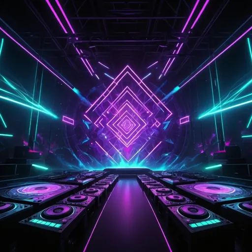 Prompt: Dark EDM style artwork for a DnB song, rave lights, speakers, lasers, dark atmosphere, neon colors, intense lighting effects, photorealistic, high-energy vibe, ultra-detailed, futuristic elements, deep shadows, trippy kaleidoscope effects, vibrant electric colors, concert stage background, flashing strobe lights, HD, high quality, 4K.