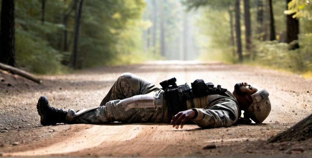 Prompt: Modern US Army soldier lying on his back along a dirt road in a forested
area. horizontal. photographic quality