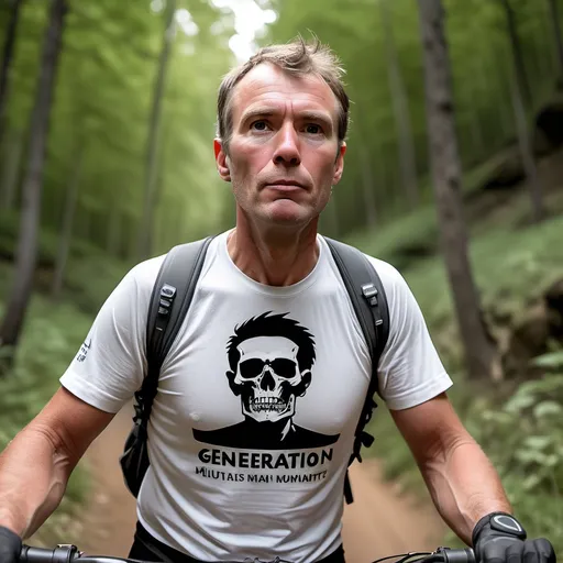 Prompt: White man in his 35s, thin, mounted in his mountain bike, he has a chin that sticks out forward. He is not that muscular and his t-shirt states "Generacion Mutante"