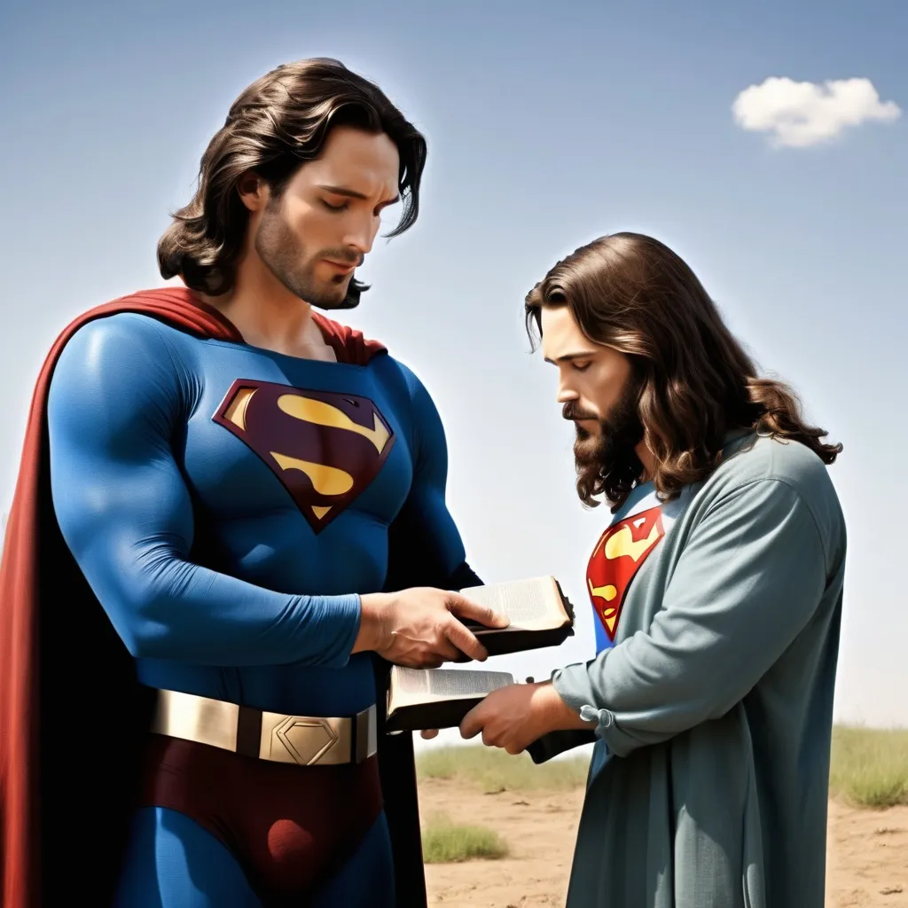 Prompt: Jesus donne une bible a super man 